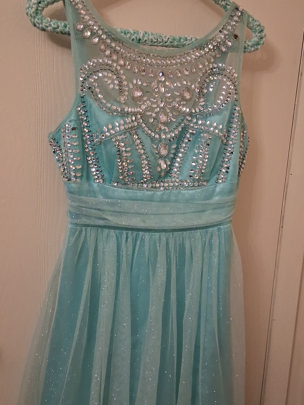 B Darlin Turquoise Beaded Evening Gown